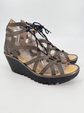 Fly London Yule Strappy Lace Up Wedge Sandals 39